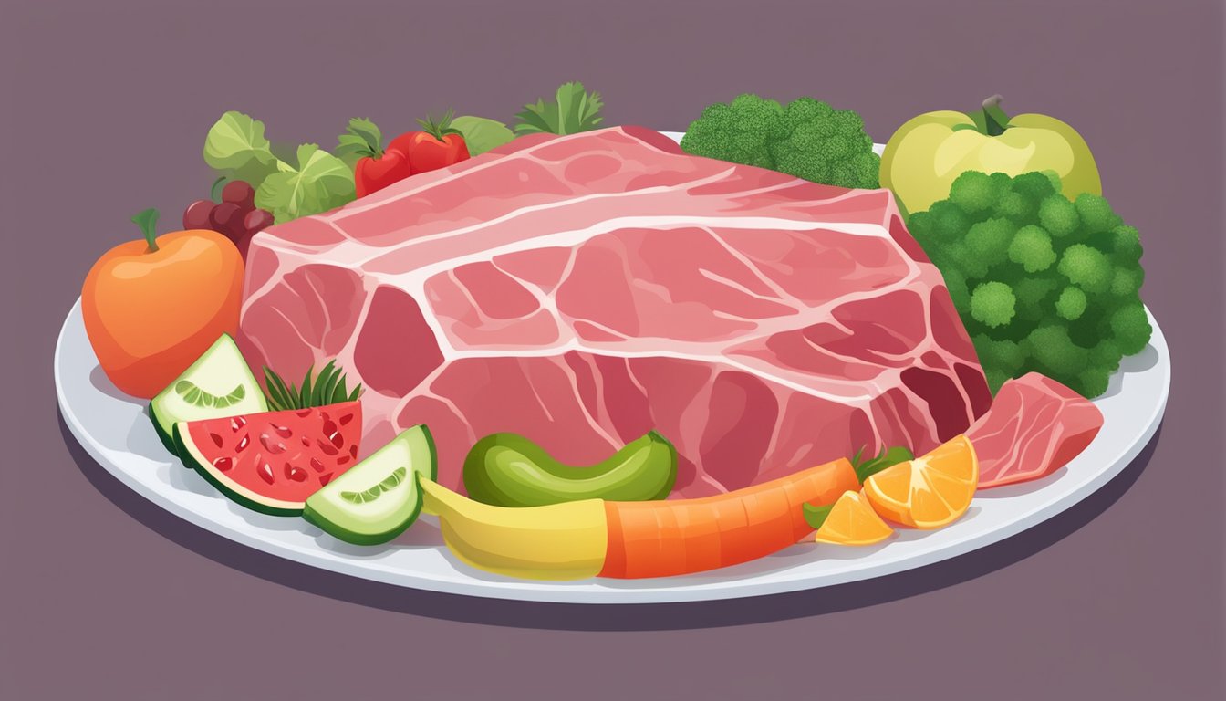 A plate of raw meat surrounded by various fruits and vegetables, with a spotlight shining on the meat