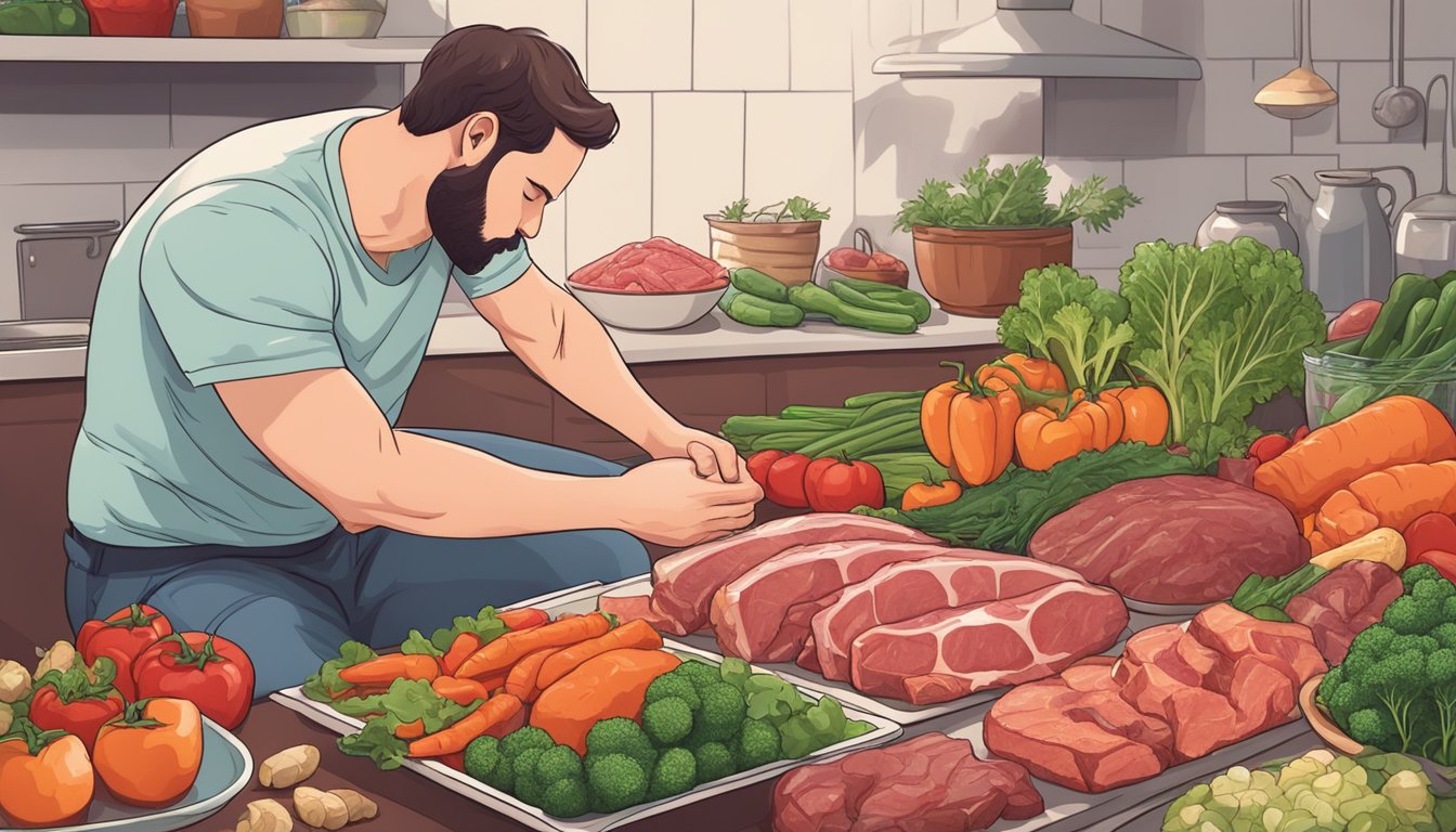 A person following a carnivore diet experiences abdominal pain while surrounded by meat and vegetables