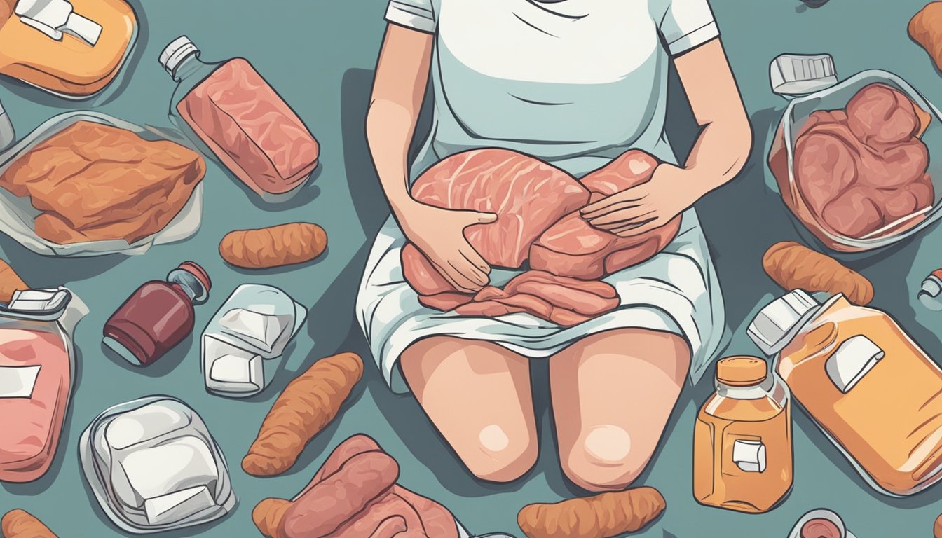 A person clutching their stomach in discomfort, surrounded by empty meat packaging and a bottle of pain medication