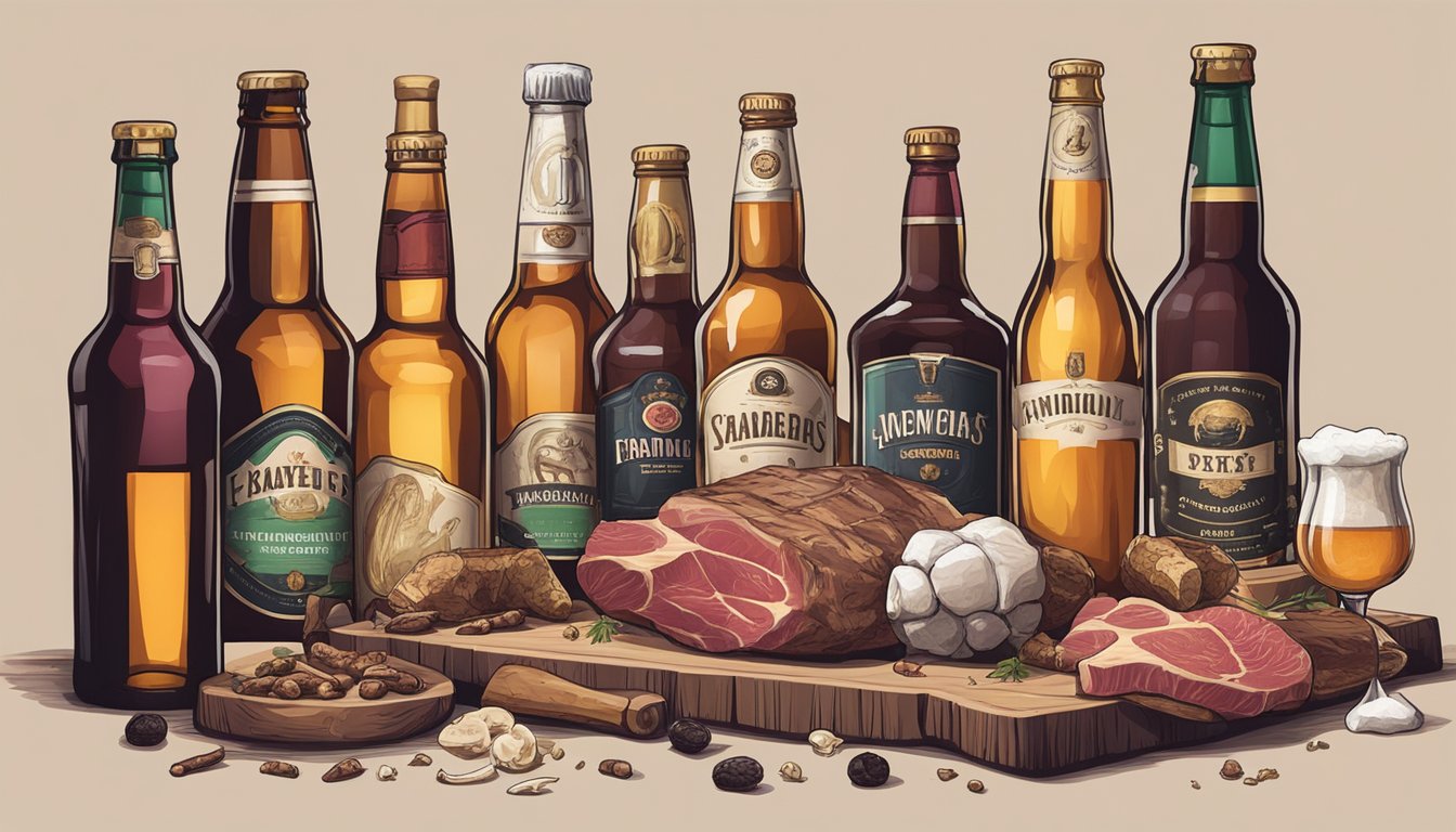 Various bottles of beer, wine, and spirits arranged on a table, surrounded by pieces of raw meat and animal bones