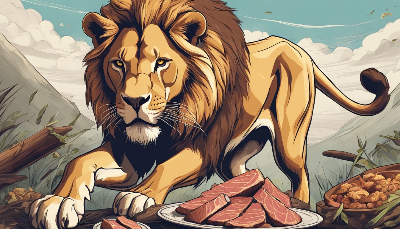 A ferocious lion feasts on a fresh kill, surrounded by the remains of its prey. The lion's powerful jaws tear into the meat, showcasing the carnivore lifestyle