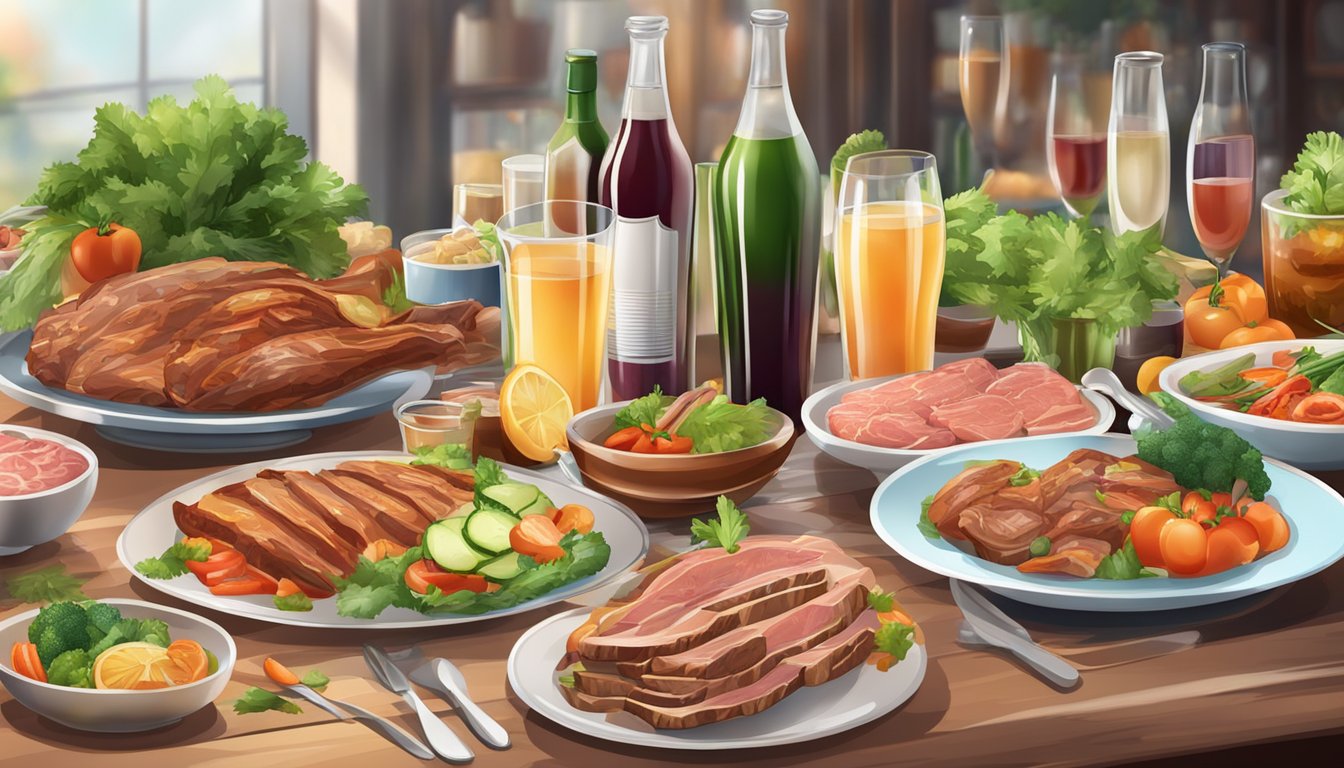 A table set with a variety of non-alcoholic drinks, surrounded by plates of meat and vegetables