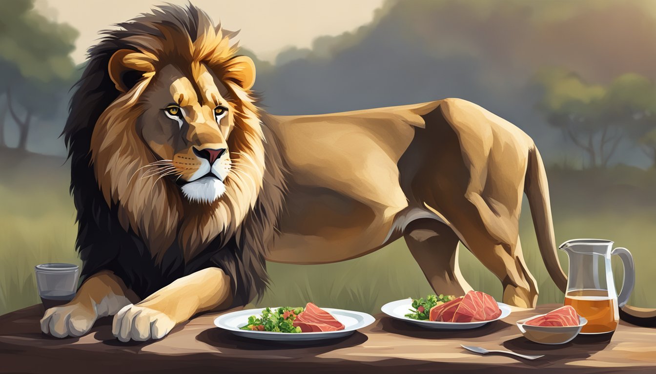 A lion with a focused expression eating a meal of raw meat