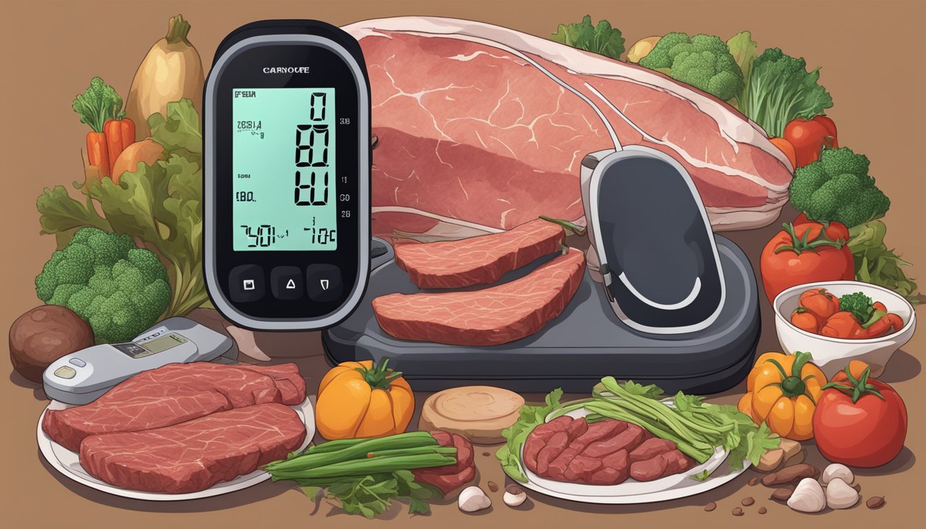 A carnivore surrounded by meat and vegetables, with a blood pressure monitor nearby