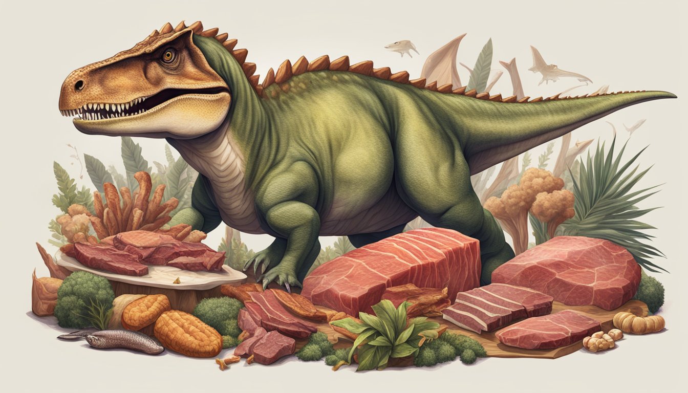 A carnivorous dinosaur surrounded by a variety of meat and bone, with a focus on red meat and fish