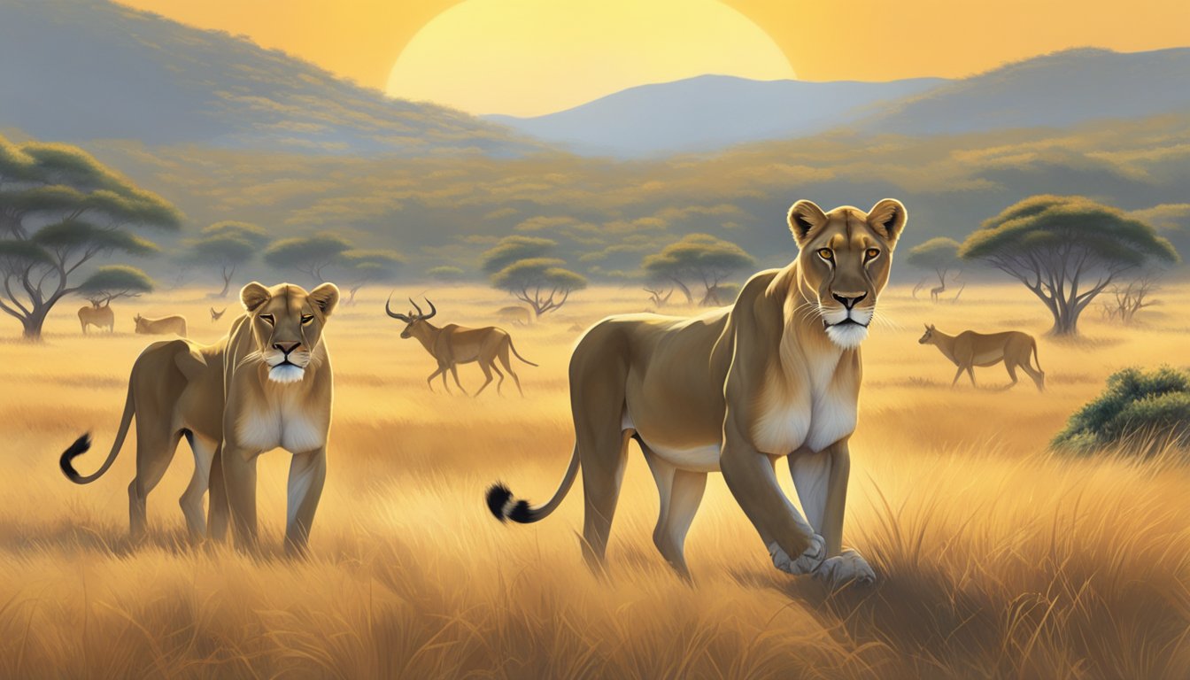 A lioness prowls through a savanna, eyes fixed on a herd of antelope. The sun beats down as she stalks her prey, embodying the raw power and instinct of a carnivore