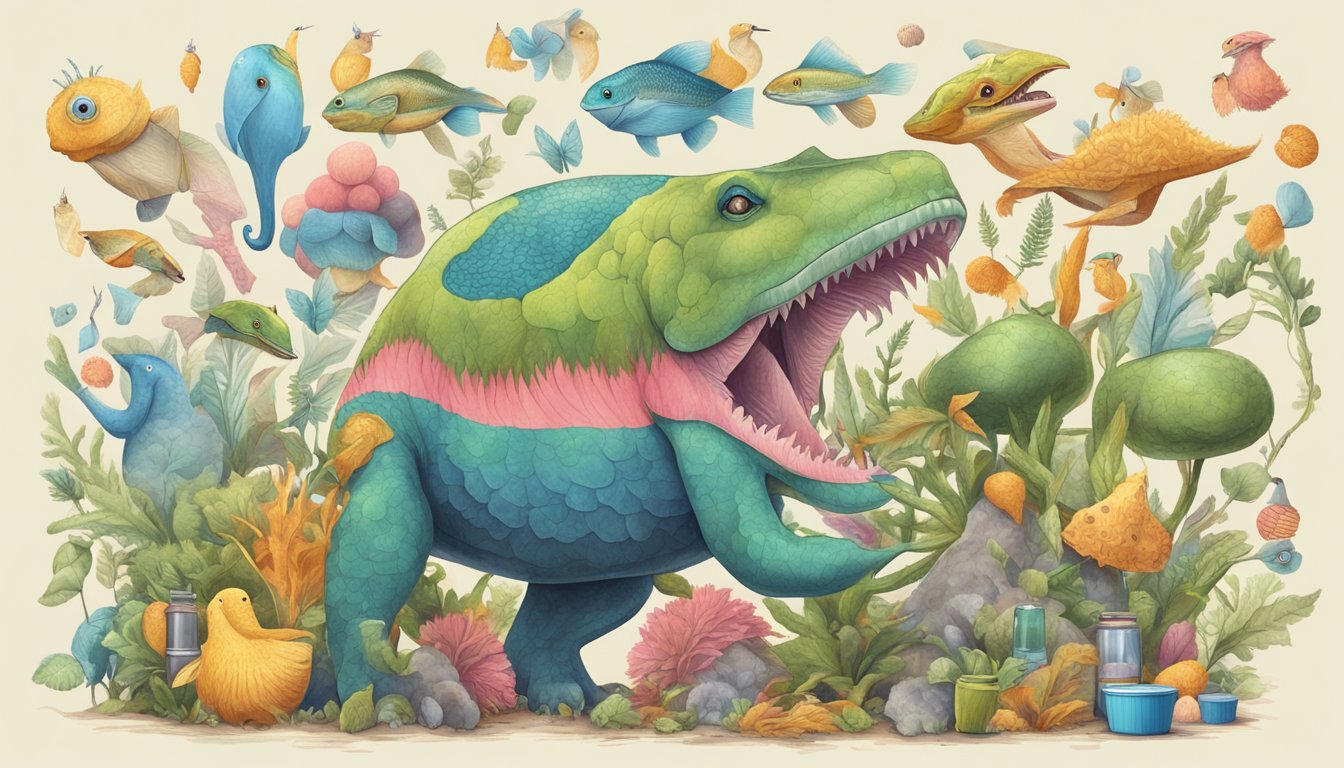 A carnivorous animal surrounded by ADHD-related objects and symbols