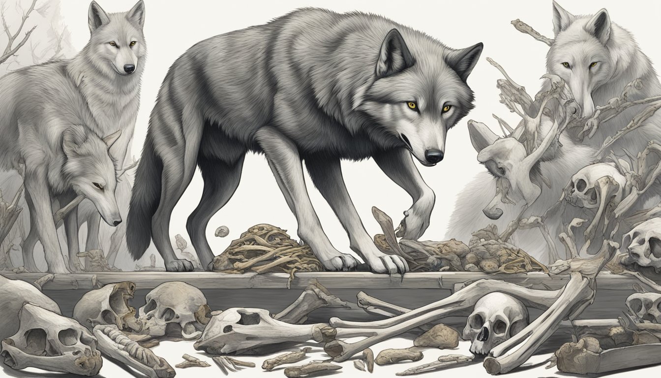 A wolf surrounded by bones, with a skeletal hand holding a piece of meat, while a group of scientists observe and take notes