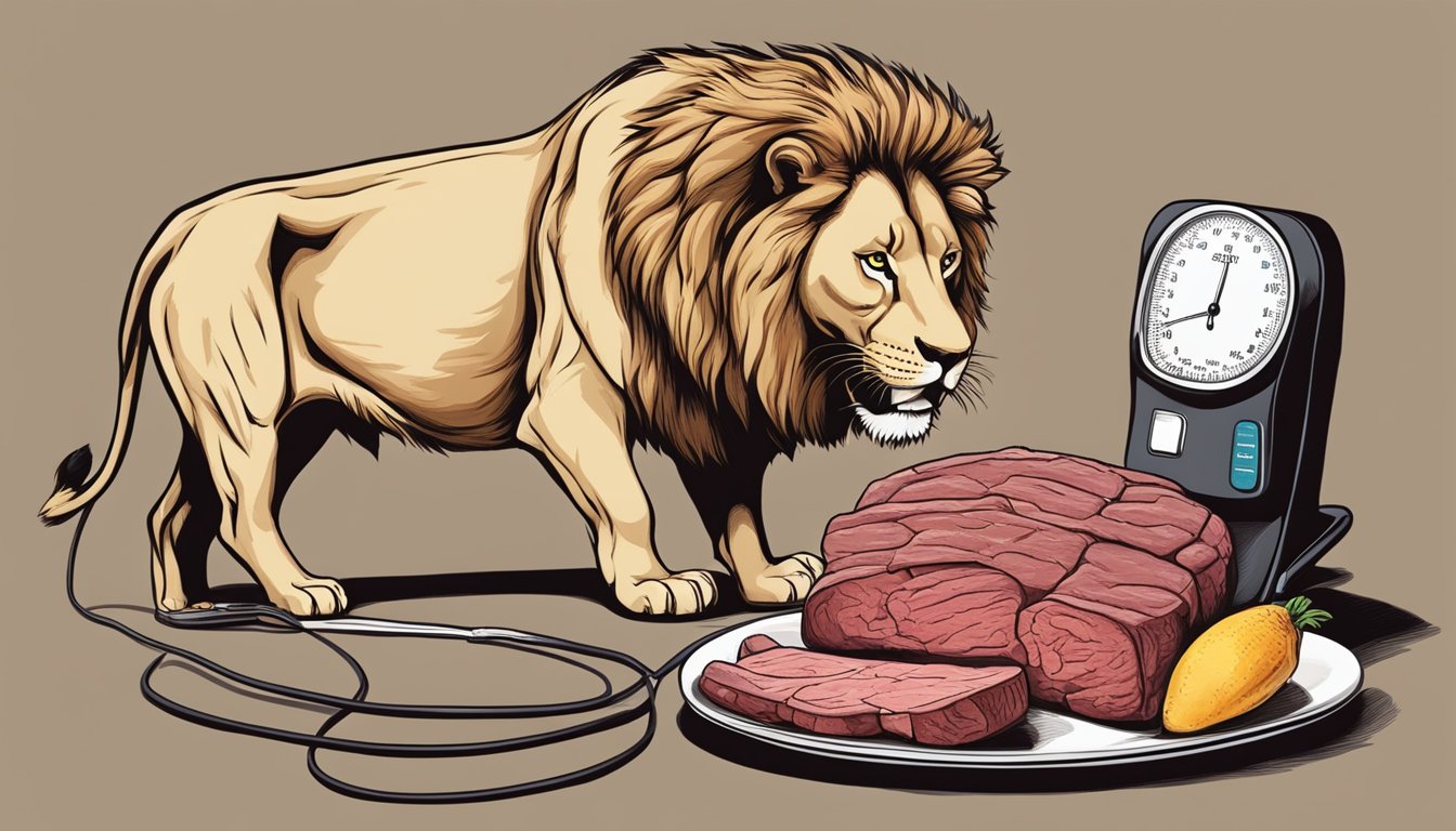 A lion feasts on raw meat as blood pressure monitor reads normal