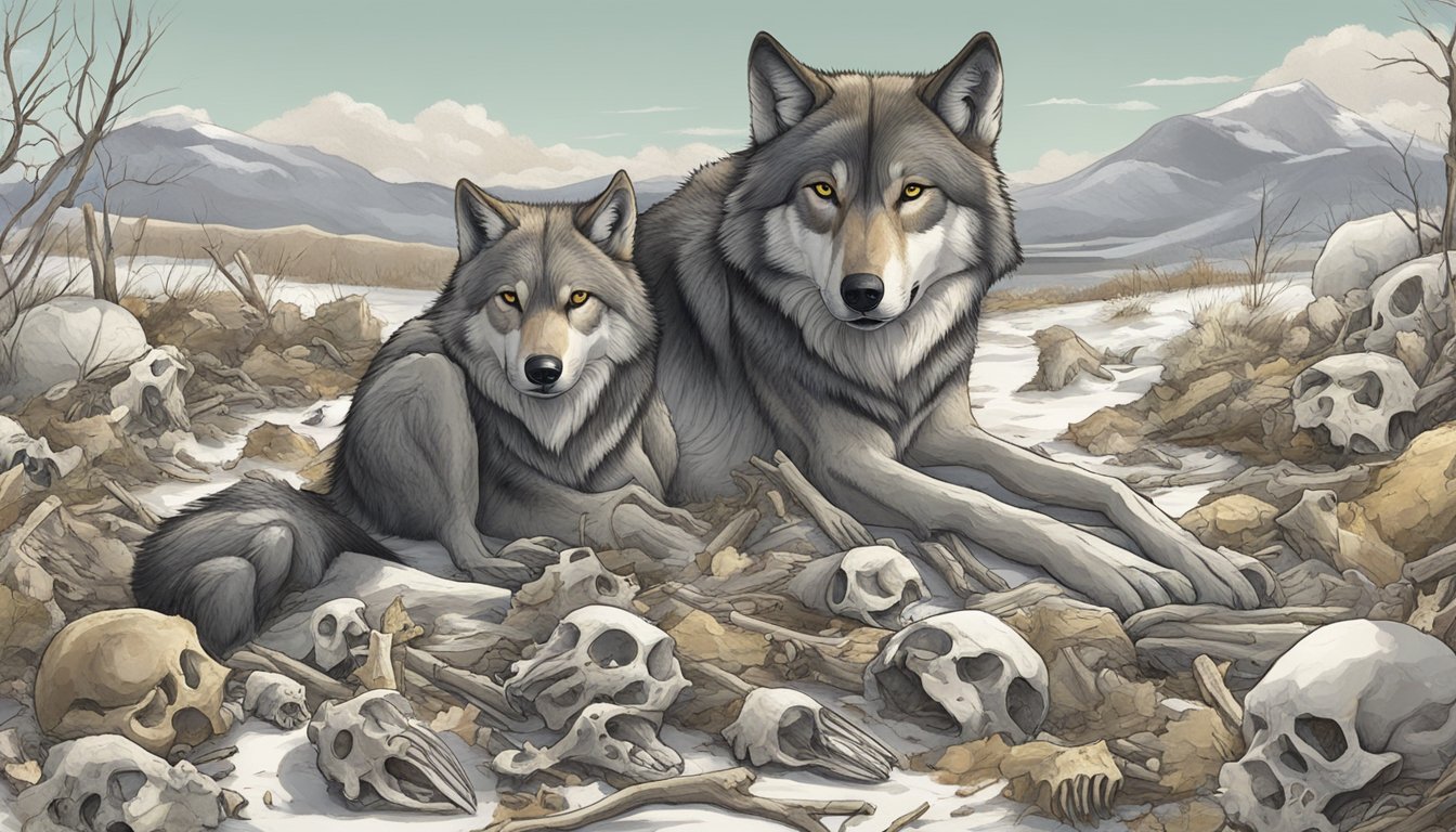 A wolf surrounded by fresh kills, with a pile of bones and a few scattered organs nearby