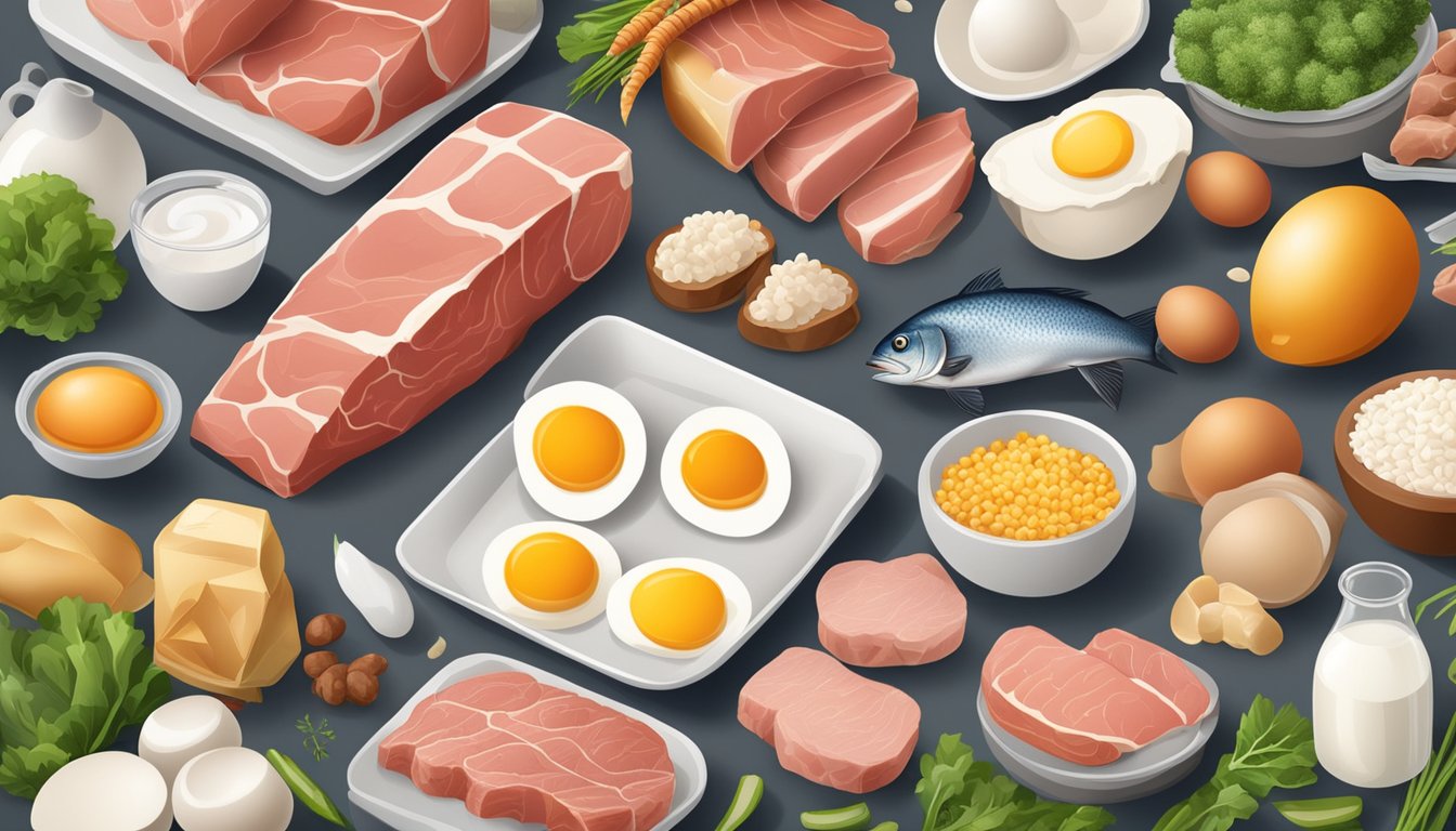 A variety of animal products such as meat, fish, and eggs, alongside calcium-rich foods like dairy and bone-in fish