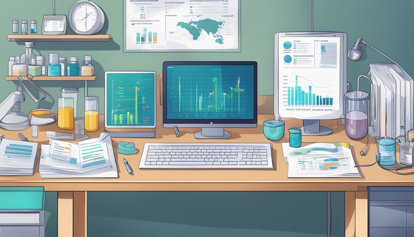 A table covered with research papers and medical charts on the carnivore diet and anemia, surrounded by lab equipment and a computer displaying case studies