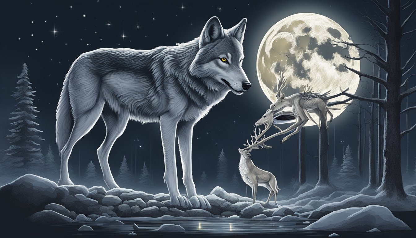 A wolf devouring a freshly caught deer, its calcium-rich bones being crunched and consumed, with the moon casting a haunting glow on the nighttime scene