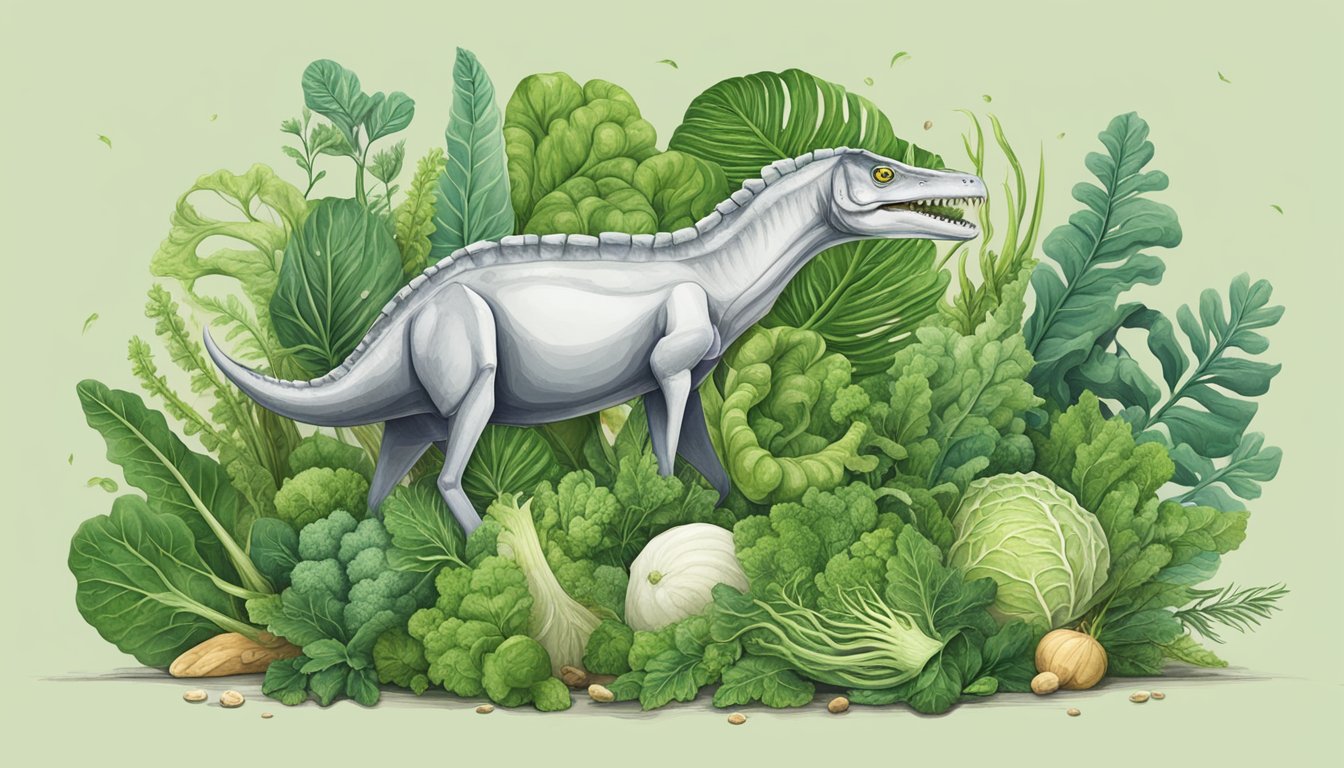 A carnivorous animal surrounded by bones and green leafy vegetables, symbolizing the challenge of obtaining calcium on a carnivore diet