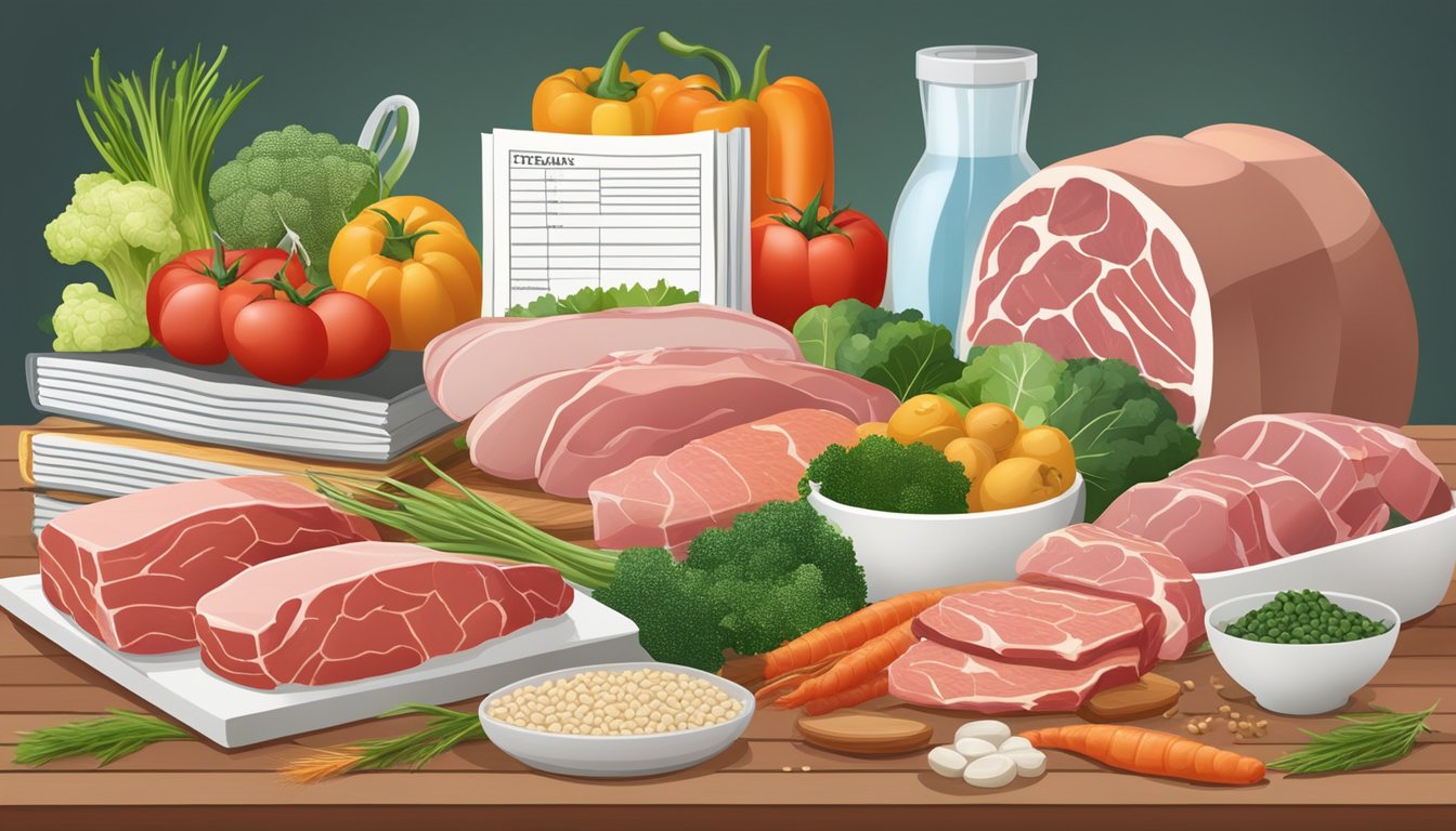 A table with a variety of fresh meats, fish, and vegetables, along with supplements and gluten-free grains, set against a backdrop of medical and nutritional reference books