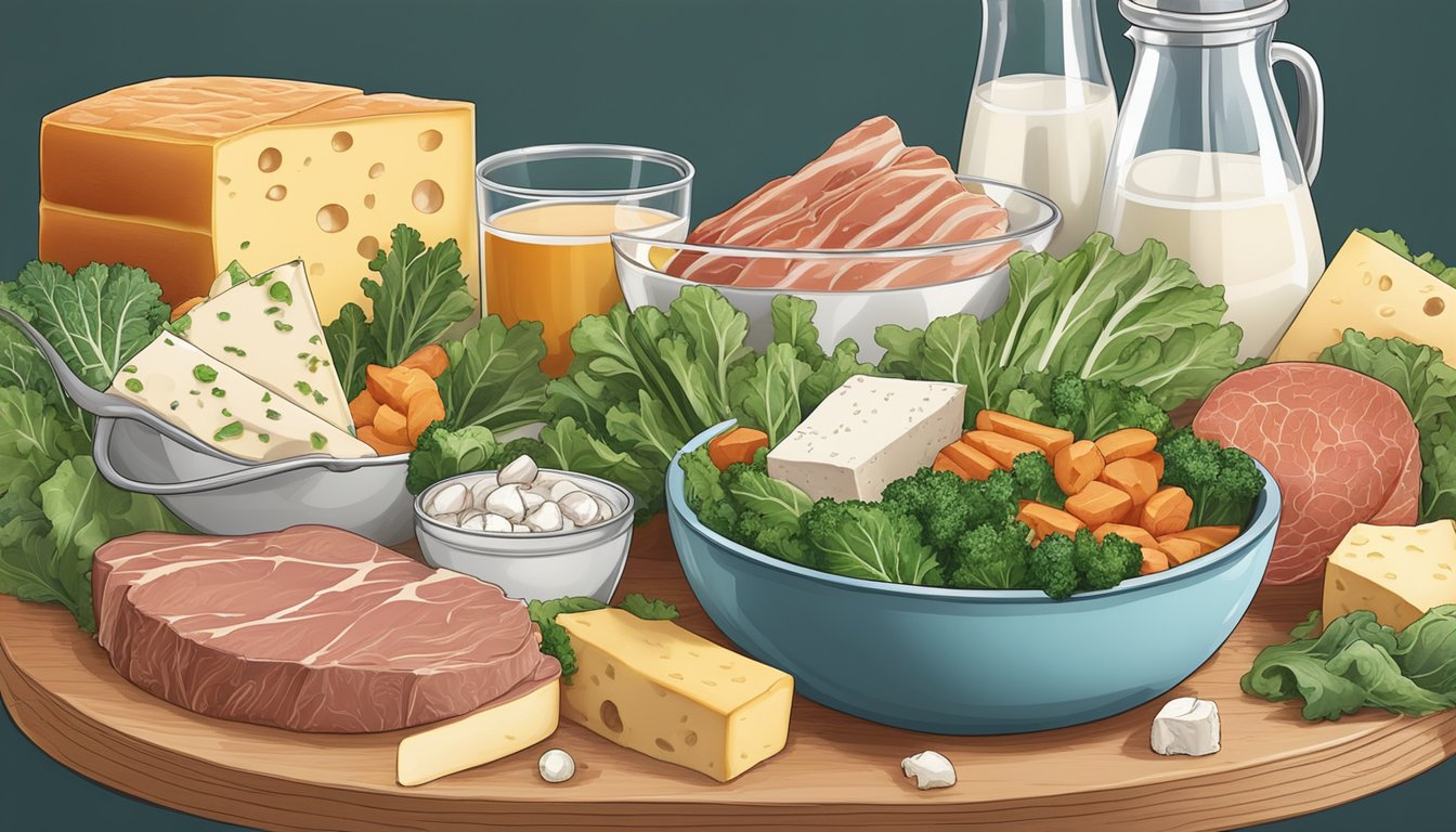 A variety of meat, fish, and dairy products arranged around a bowl of calcium-rich foods like cheese and leafy greens