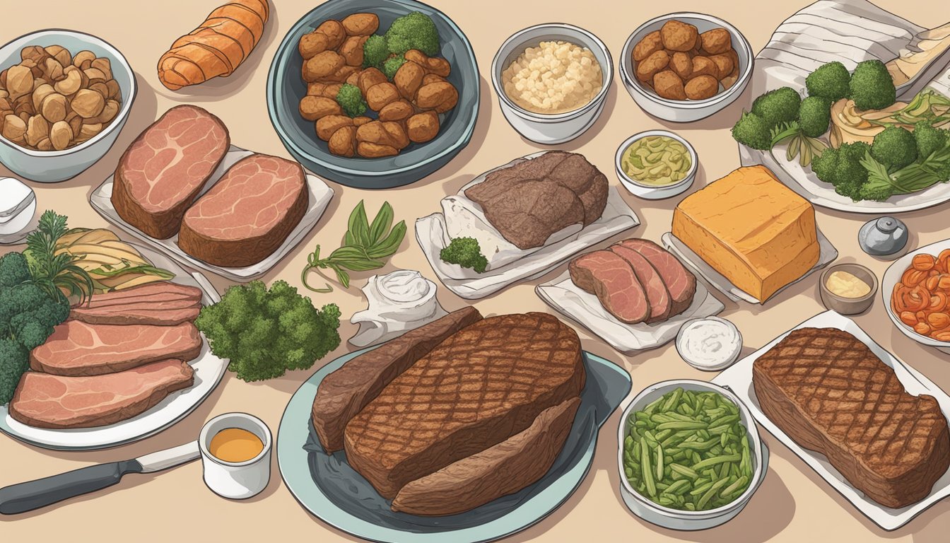 A carnivore diet with various meats and non-gluten ingredients, alongside gluten-free alternatives, displayed on a dining table