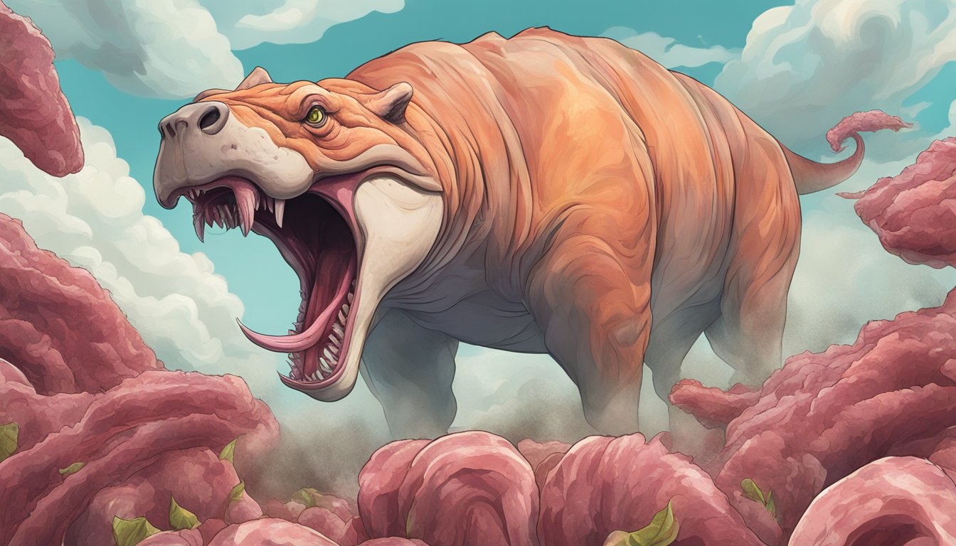 A carnivorous animal surrounded by raw meat with a cloud of bad breath coming from its mouth