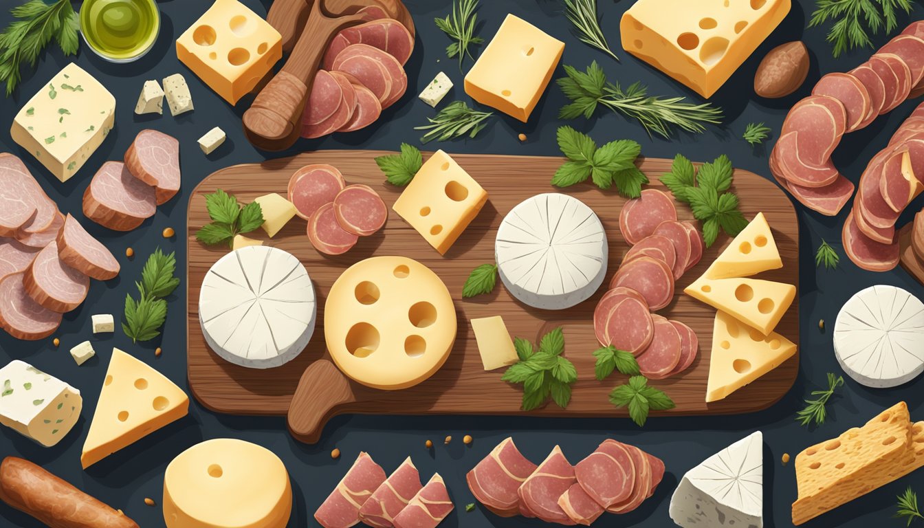 A variety of cheese wheels and blocks arranged on a rustic wooden table, surrounded by slices of cured meats and fresh herbs