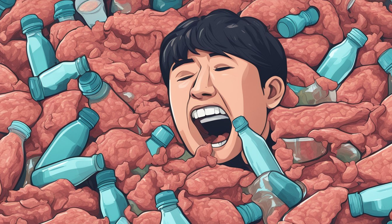 A pile of raw meat surrounded by empty water bottles and a person grimacing and covering their nose