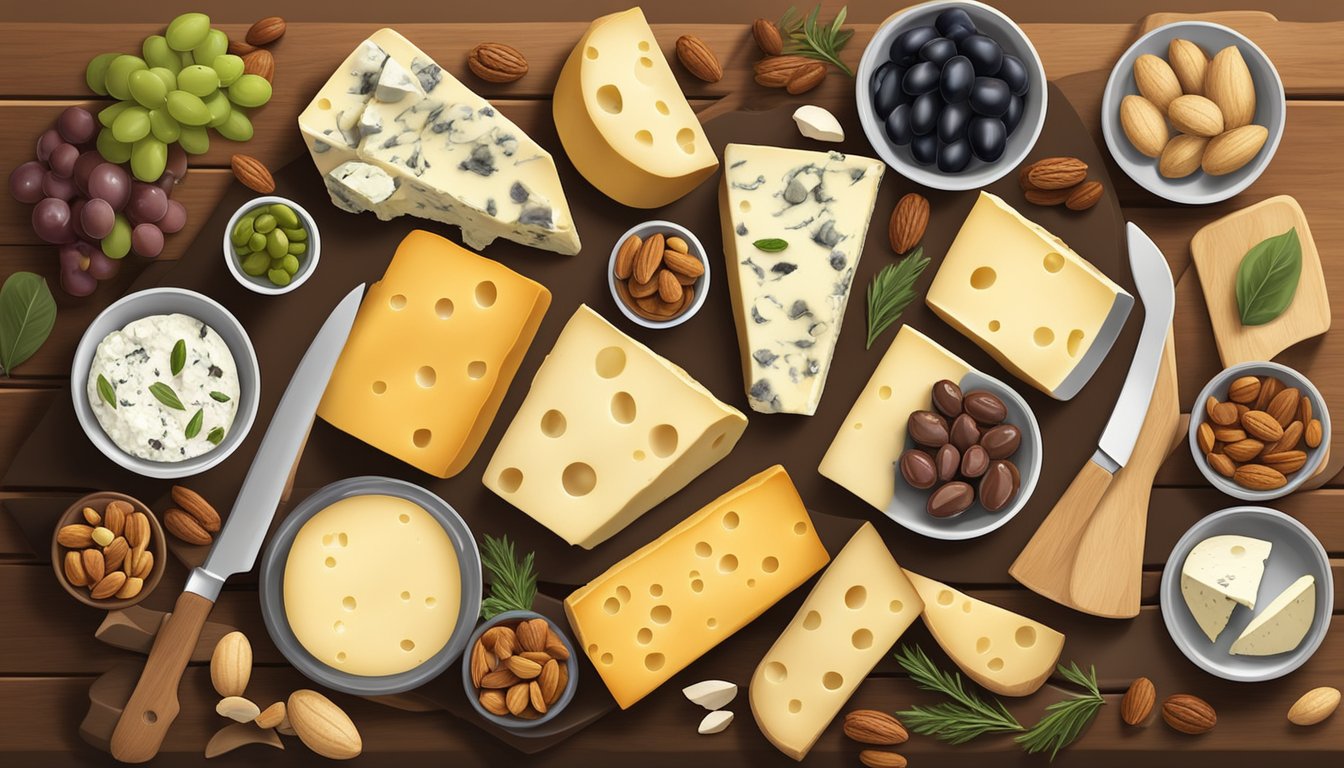 A variety of cheeses arranged on a wooden board, surrounded by slices of meat and small bowls of olives and nuts