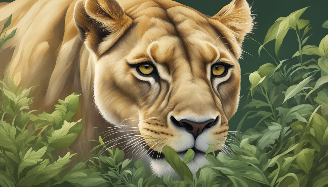 A lioness feasting on a fresh kill, surrounded by lush greenery and the scent of wild herbs