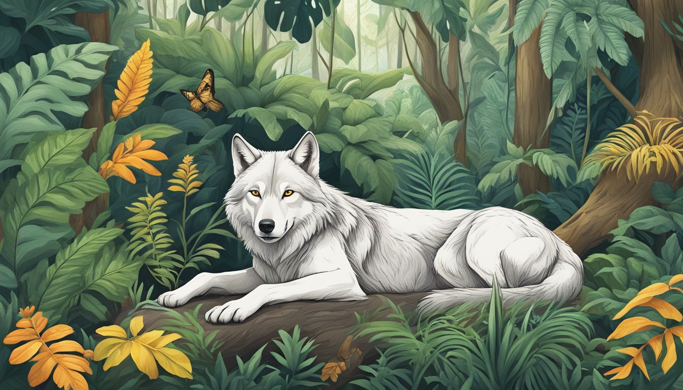 A wolf lounging in a lush forest, surrounded by coffee plants and a variety of prey animals