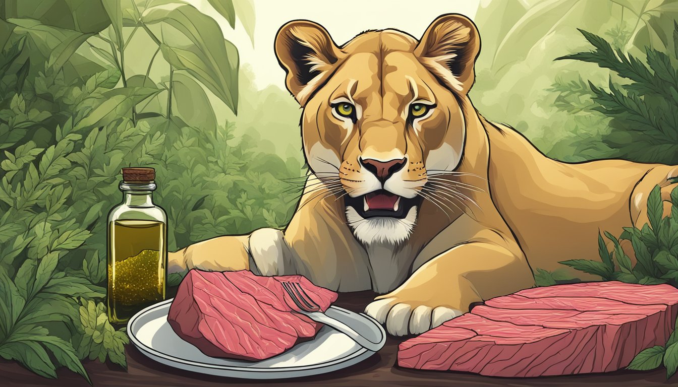 A lioness consuming raw meat infused with cbd oil