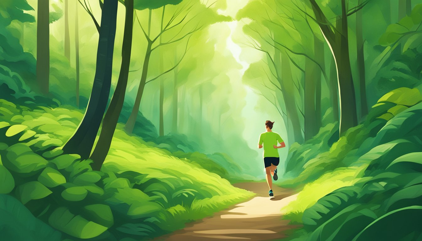 A person running through a lush green forest, with a vibrant, healthy glow and a clear mind