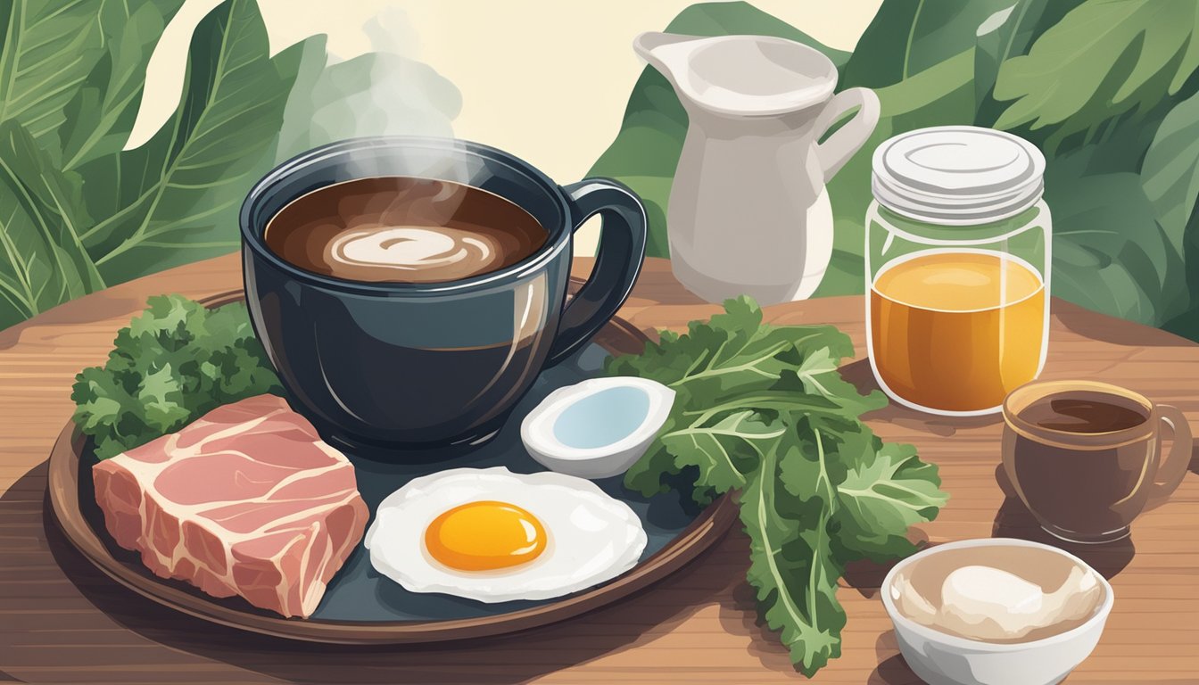 A steaming cup of black coffee sits next to a plate of raw meat and eggs, surrounded by leafy greens and a jar of coconut oil