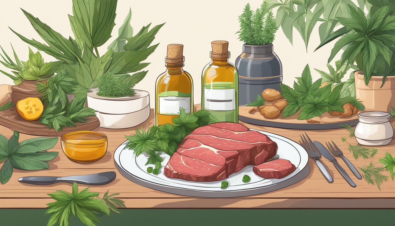 A dining table set with raw meat and a bottle of CBD oil, surrounded by natural elements like plants and herbs