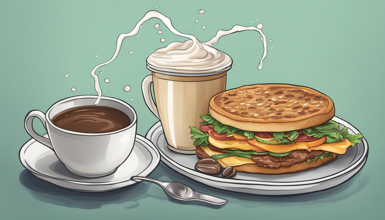 A carnivorous meal sits next to a steaming cup of coffee with a splash of creamer