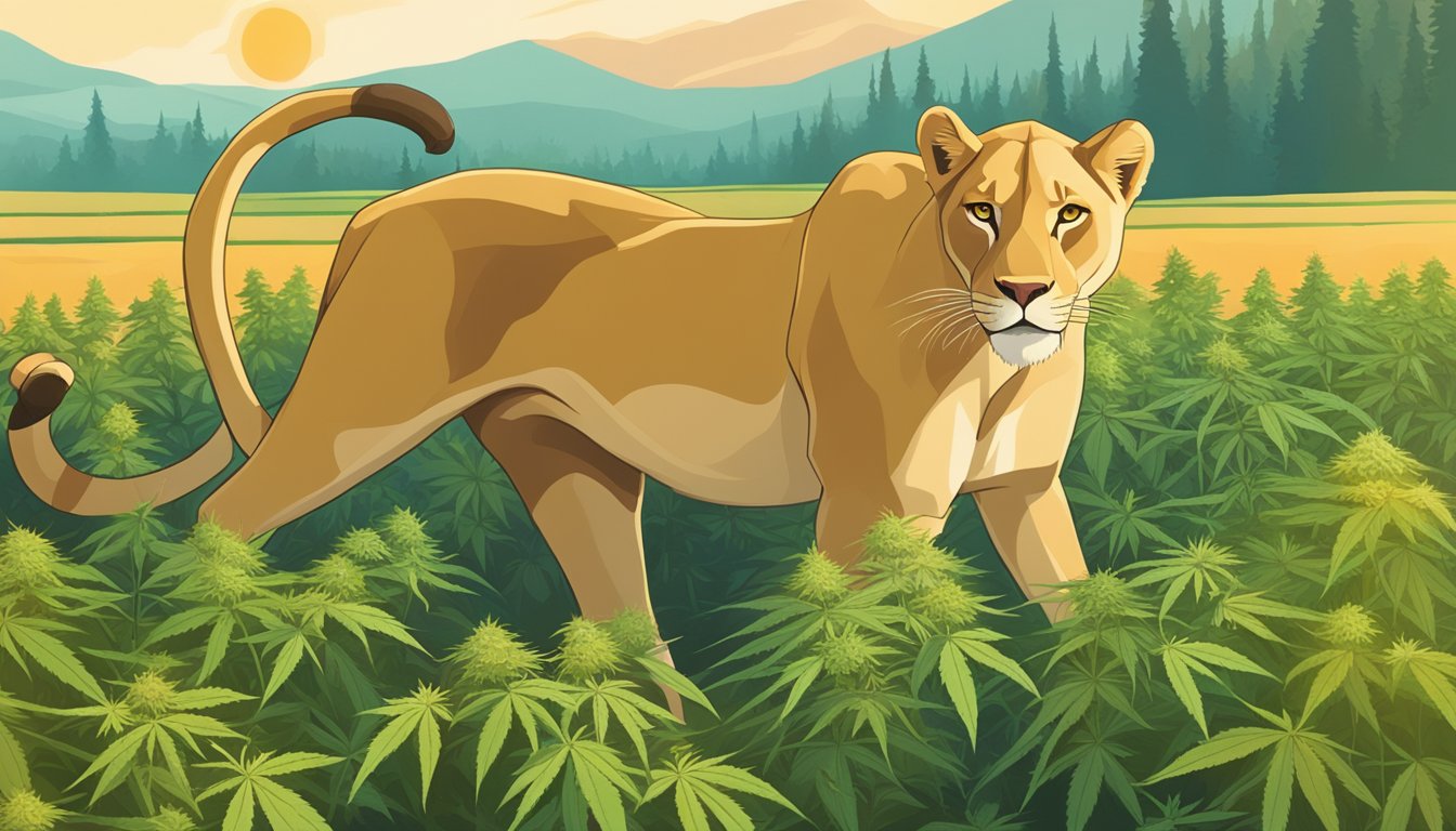 A lioness prowls through a field of cannabis plants, her sleek coat glistening in the sunlight. A bowl of raw meat and a bottle of CBD oil sit nearby