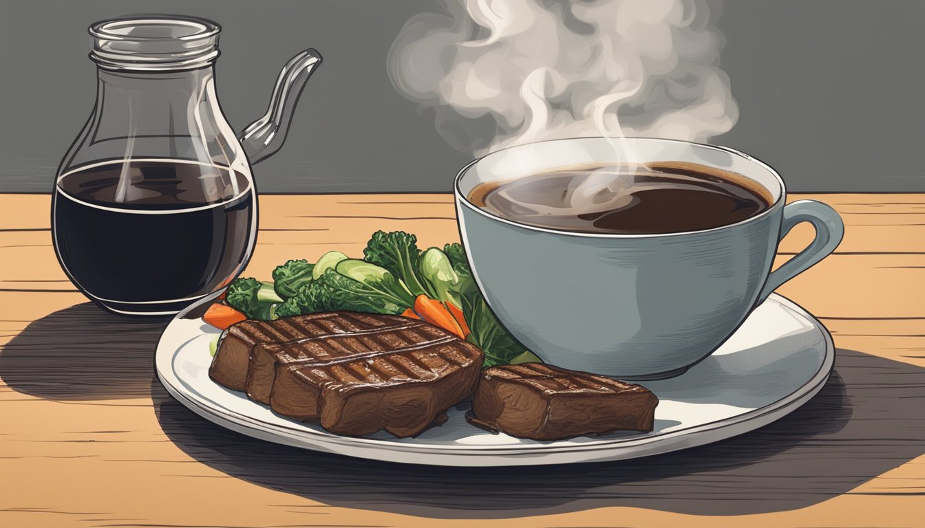 A steaming cup of black coffee sits next to a plate of grilled meat and vegetables, with a jar of rich, creamy coffee creamer in the background