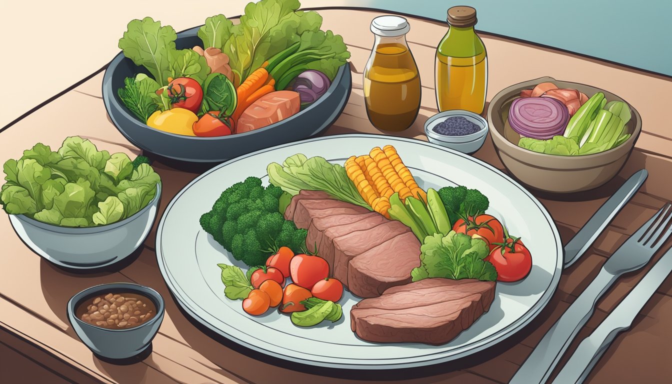 A plate with a variety of meats and low-carb vegetables, alongside a bottle of dietary supplements