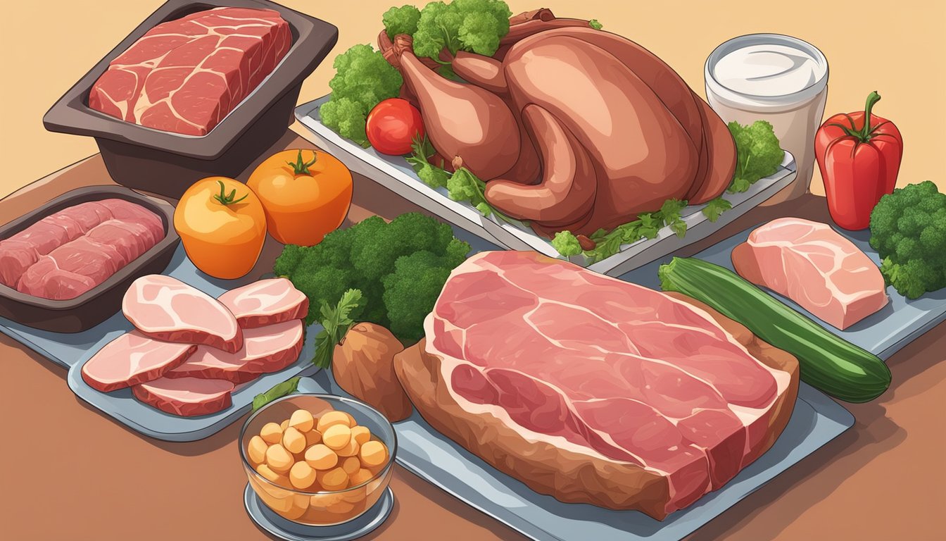 A variety of high-quality meats and animal products displayed on a clean, organized table, with fresh vegetables and fruits in the background