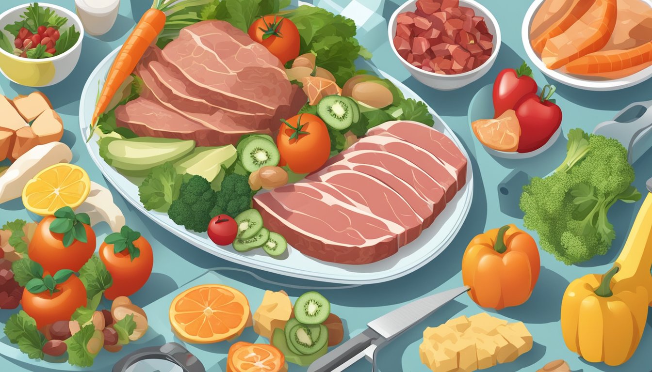 A plate with a variety of meats, vegetables, and fruits arranged in a balanced and visually appealing manner, with a measuring tape and blood glucose monitor nearby