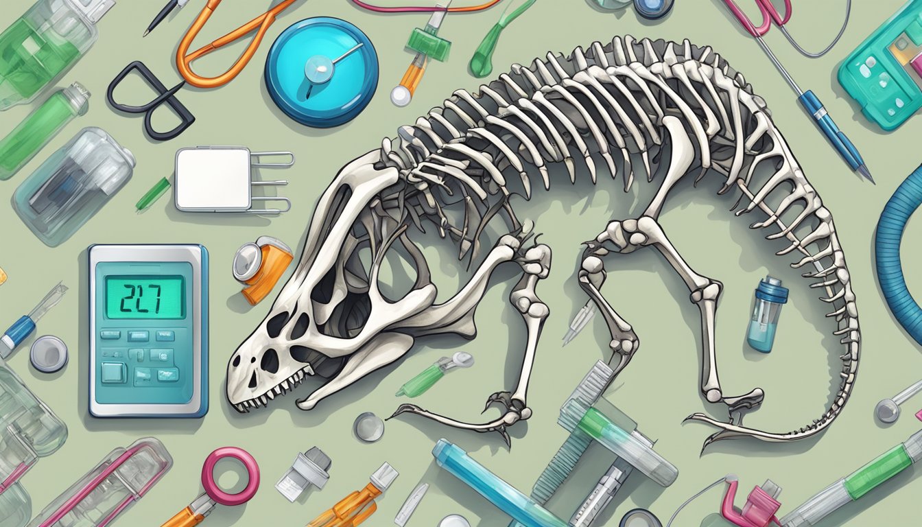 A carnivorous dinosaur skeleton surrounded by medical equipment and a diabetes awareness ribbon