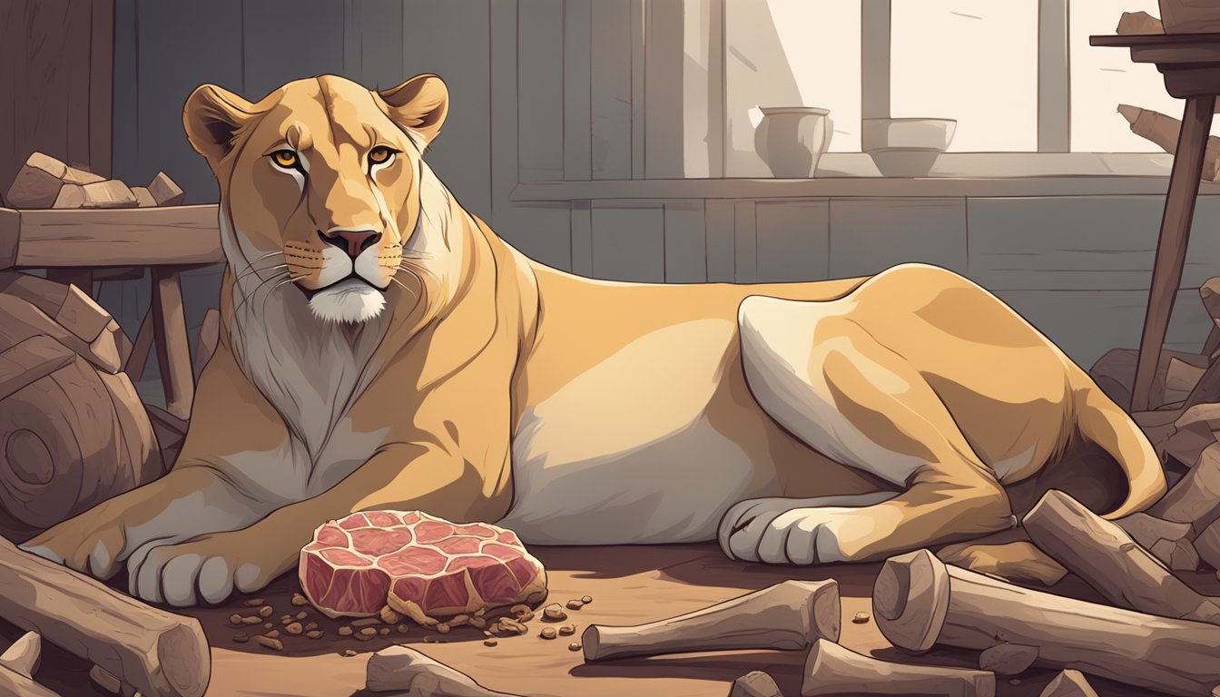 A lioness lying down with a distressed expression, surrounded by bones and raw meat, with a pile of loose stools nearby