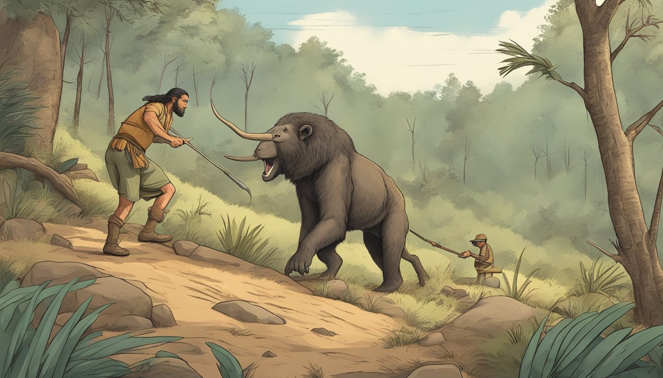 A prehistoric human hunting a wild animal with primitive tools