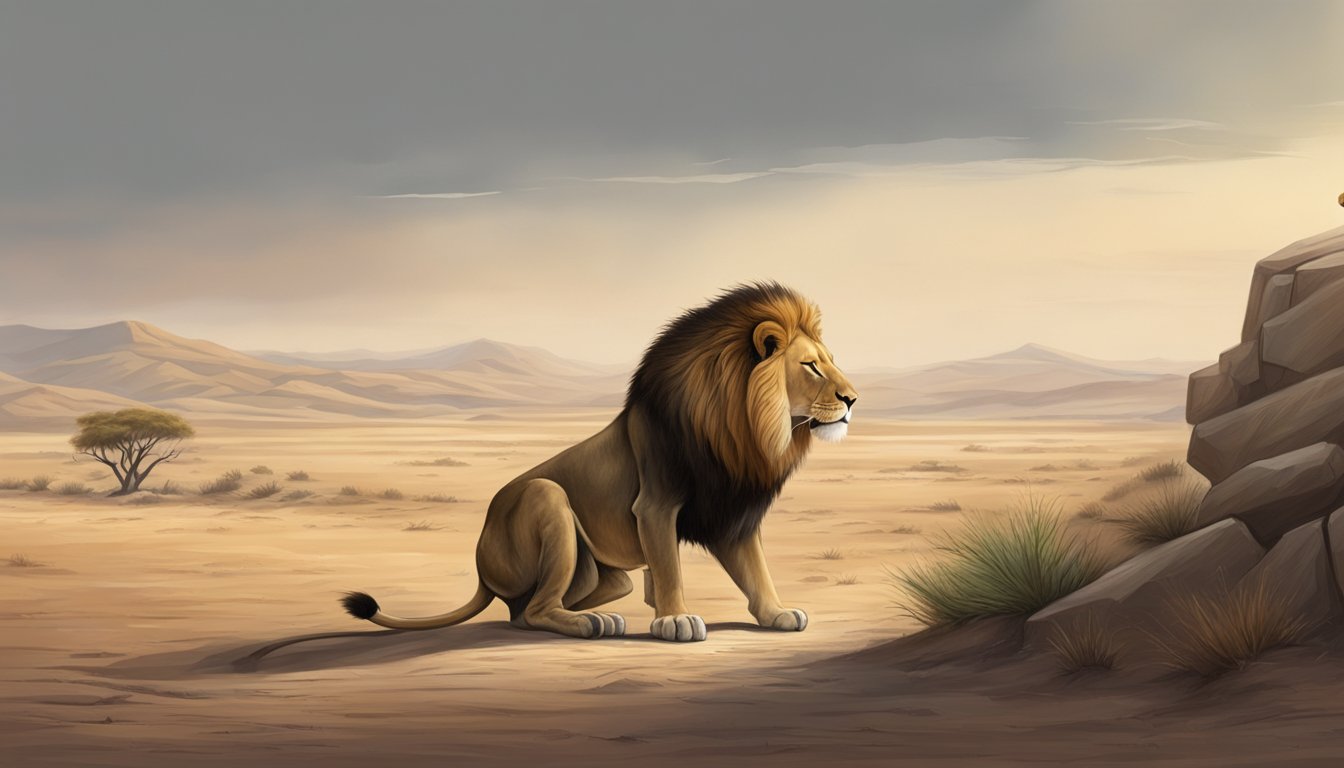 A lion struggling to pass a large, dry stool in a barren landscape