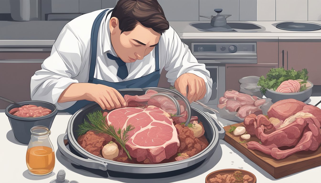 A table with raw meat, bones, and organs, alongside a pot of boiling water and a pile of cooked meat. A figure hunched over, clutching their stomach