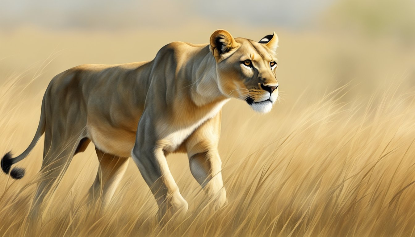 A lioness prowls through a grassy savanna, stalking a herd of antelope