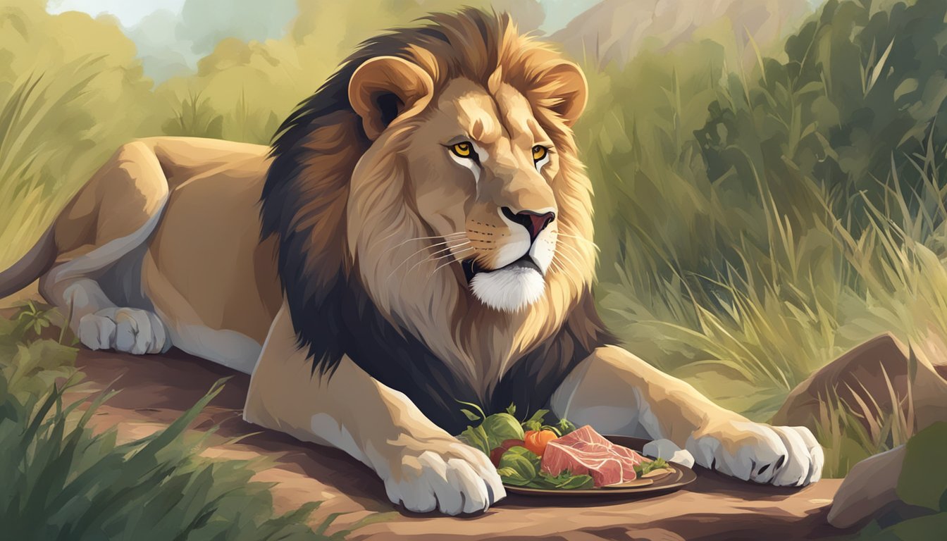 A lion with healthy teeth eating raw meat in the wild