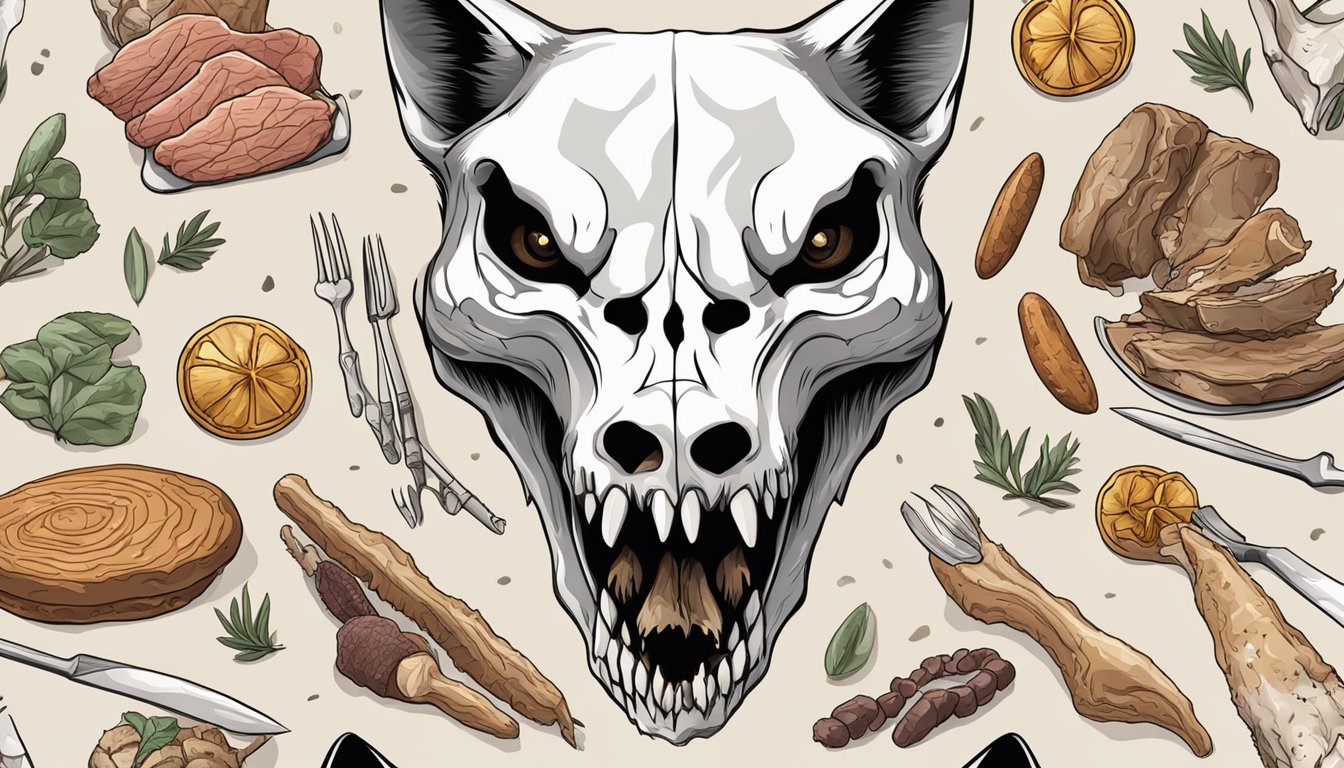 A wolf skull with sharp teeth surrounded by various types of meat and bones