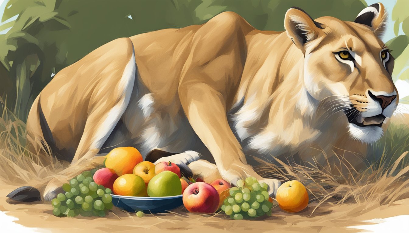 A lioness feasting on a freshly caught gazelle, with a pile of ripe fruits nearby