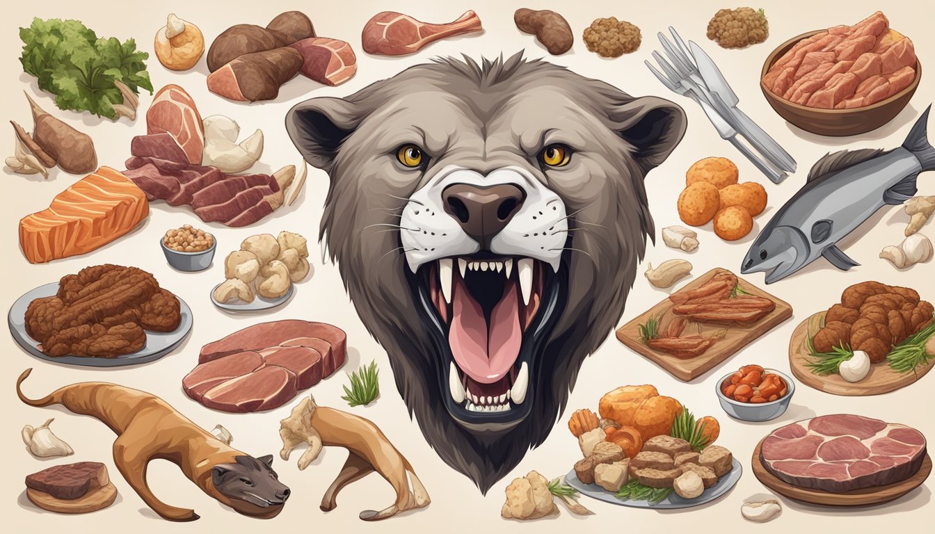 A carnivore animal with healthy teeth surrounded by various meat and bone options