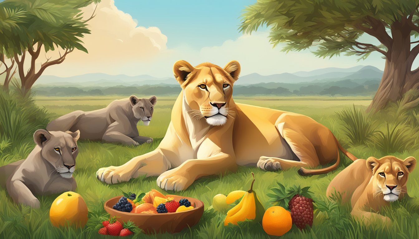 A lioness lounging in a grassy savanna, surrounded by a variety of ripe fruits and fresh meat, symbolizing the contrasting health benefits and risks of a carnivore diet and fruit