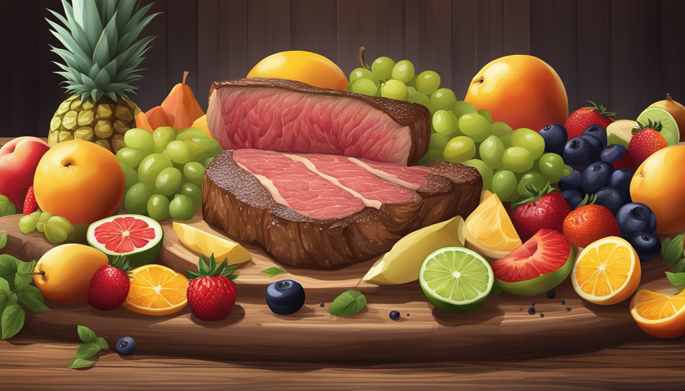 A large, juicy steak surrounded by an array of vibrant, fresh fruits, all arranged on a rustic wooden table