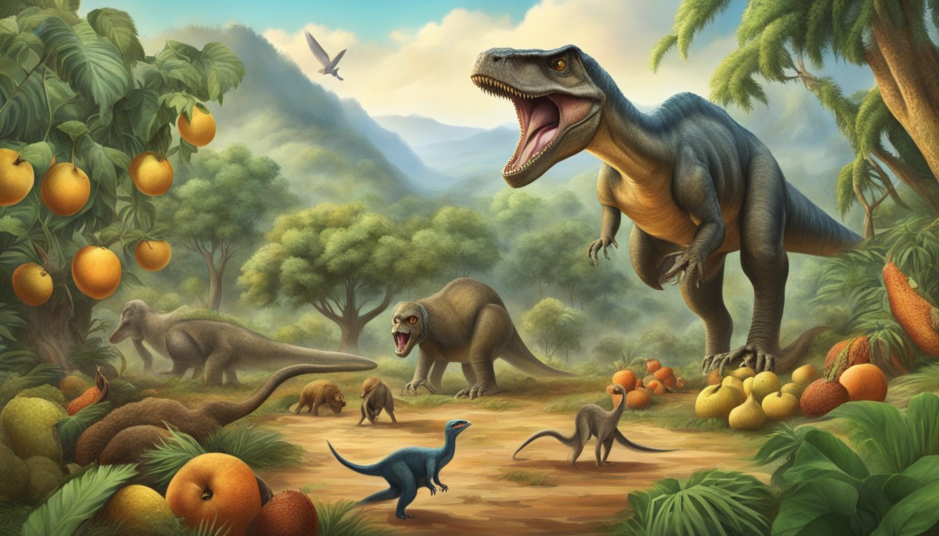 A prehistoric landscape with a carnivorous dinosaur hunting for prey while a group of primates feast on ripe fruits in the background